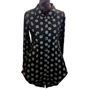 Lagenlook Comfy USA Black Gray Polka Dot Button Up Long Sleeve Tunic Womens XS